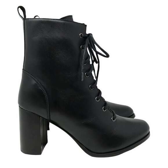 NEW Fabianelli Womens Booties Black Leather Block Heel Zip Lace Up 8 EUR 39 - Picture 1 of 10